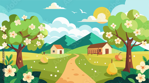 The sweet aroma of blooming pear trees fills the air in the idyllic rural orchard beckoning visitors to stay and relax.