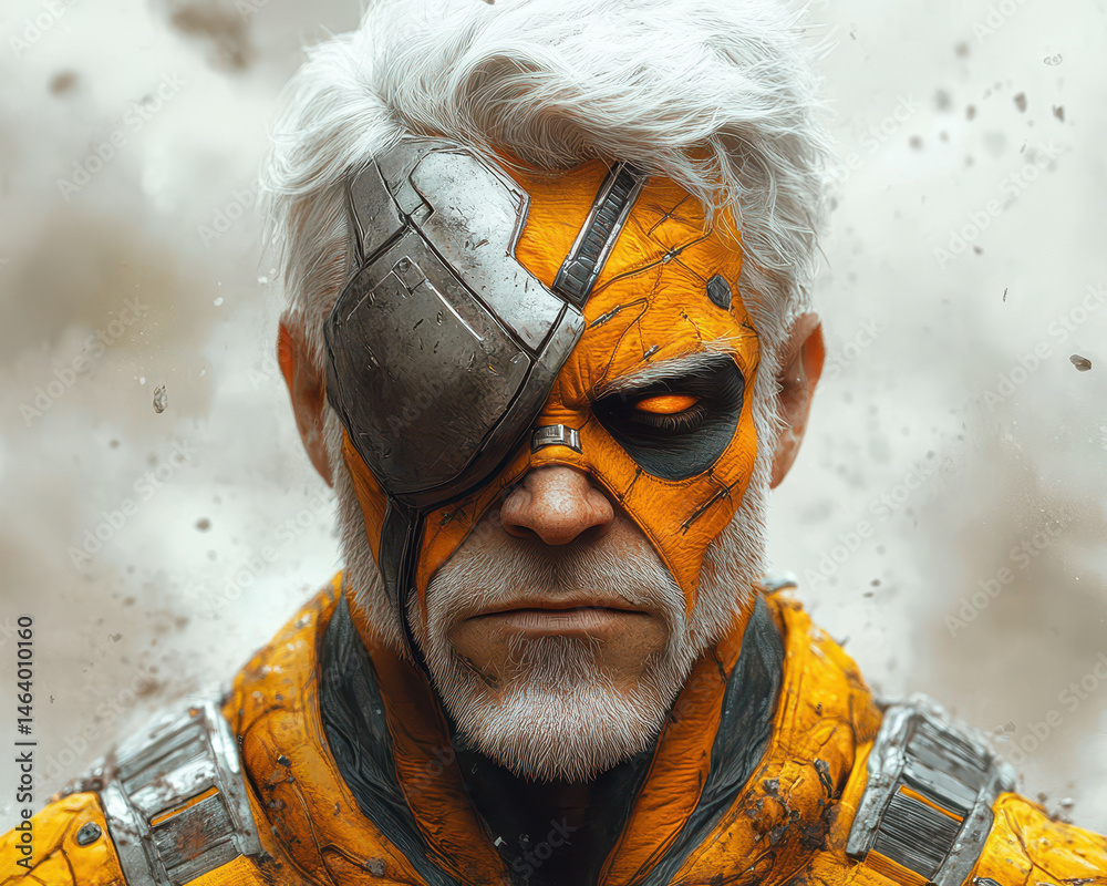Futuristic Cyborg Warrior with Eye Patch and Orange Armor in Dramatic Portrait Art