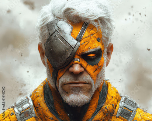 Obraz na płótnie Futuristic Cyborg Warrior with Eye Patch and Orange Armor in Dramatic Portrait Art w salonie