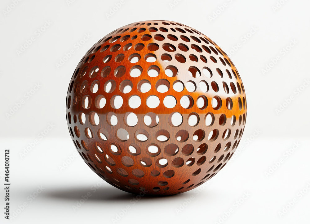 Intricate Geometric Wooden Sphere with Circular Cutouts on Minimalist White Background