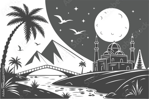 70 black and white illustration, fantastical landscape, mountains, full moon, stars, flying birds, ancient city, palm trees, bridge, pyramid, mysterious islands, architectural details, celestial objec