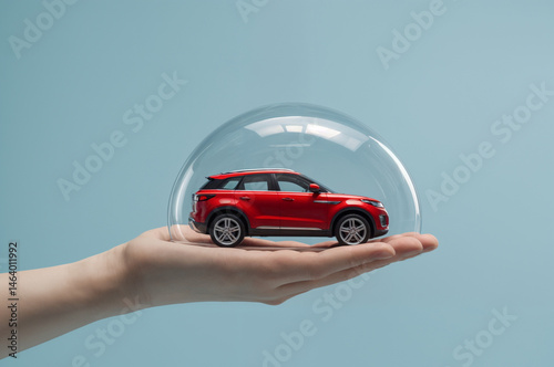 red toy car inside a bubble, held by hand. Perfect for car insurance advertisements or playful, creative design projects.	