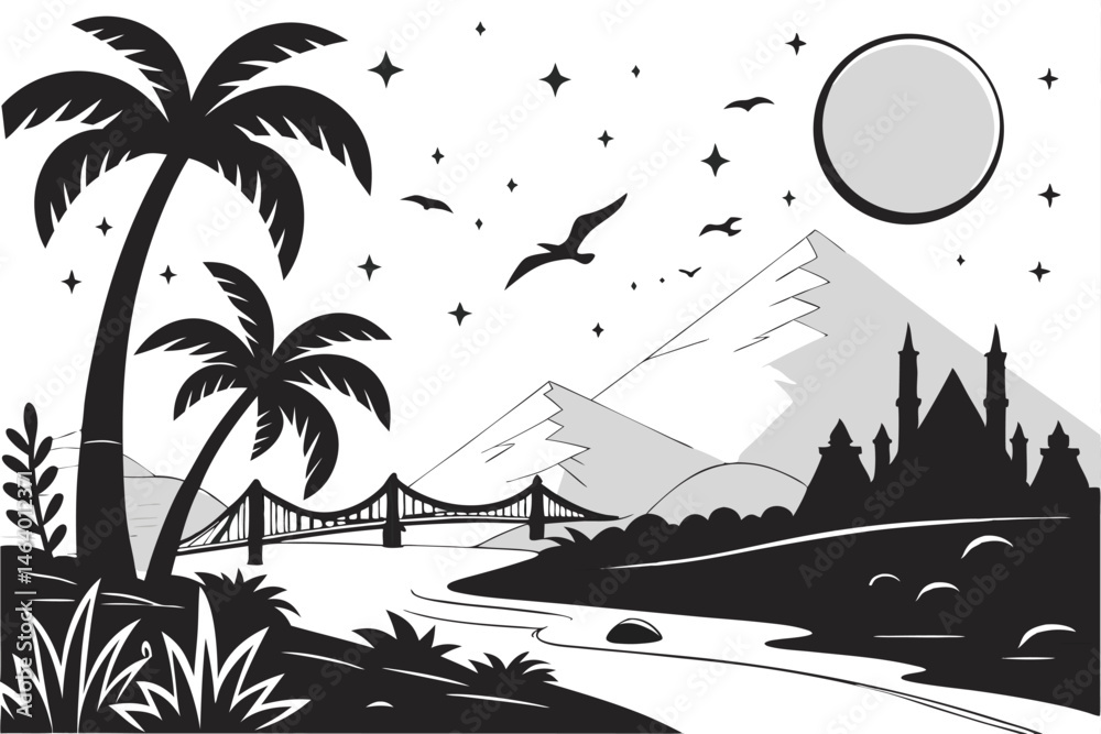 70 black and white illustration, fantastical landscape, mountains, full moon, stars, flying birds, ancient city, palm trees, bridge, pyramid, mysterious islands, architectural details, celestial objec