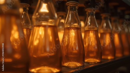 Production line bottling golden liquid factory cinematic scene industrial view