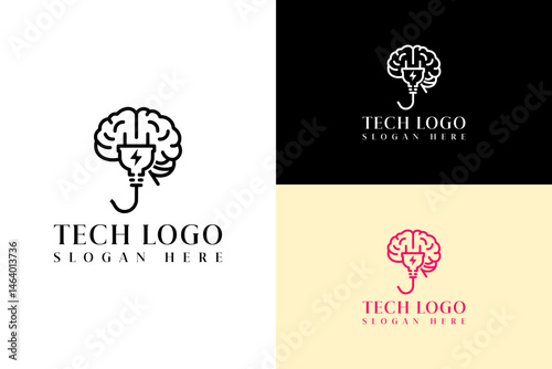 brain with power plug illustration, icon, abstract, vector, logo for ai power, activated ai, artificial intelligence, data analyst, database, cloud computing, iot, tech, fintech, and more
