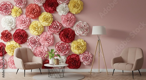 Pink Room Decor: Paper Flowers Wall Art & Armchairs