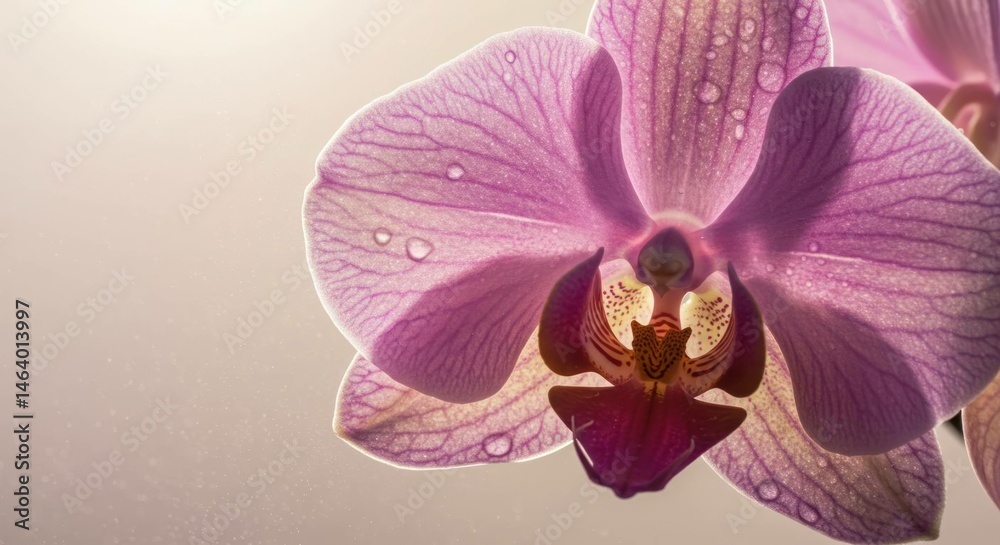 Fototapeta premium A delicate pink orchid in bloom with water droplets.