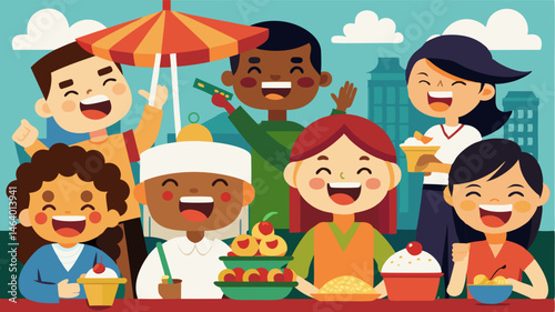 Smiling faces and happy expressions as people sample a variety of international cuisines from the many food stalls.