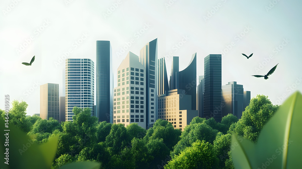 Obraz premium Modern Green City Skyline with Energy Efficient Buildings and Lush Nature Elements in Minimalist Design