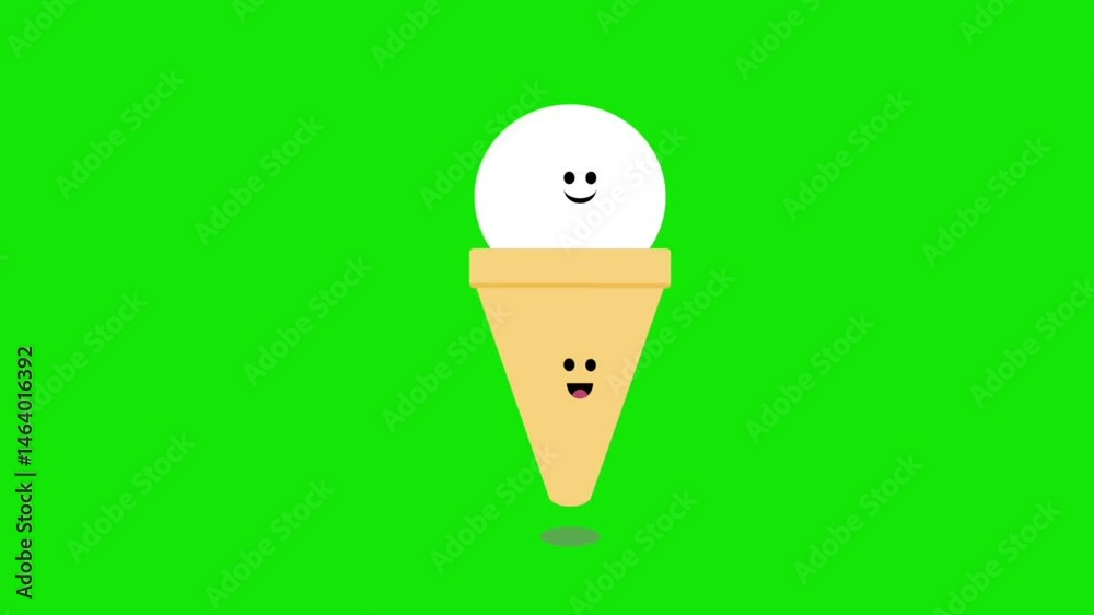 animated cute ice cream cone character on green screen background