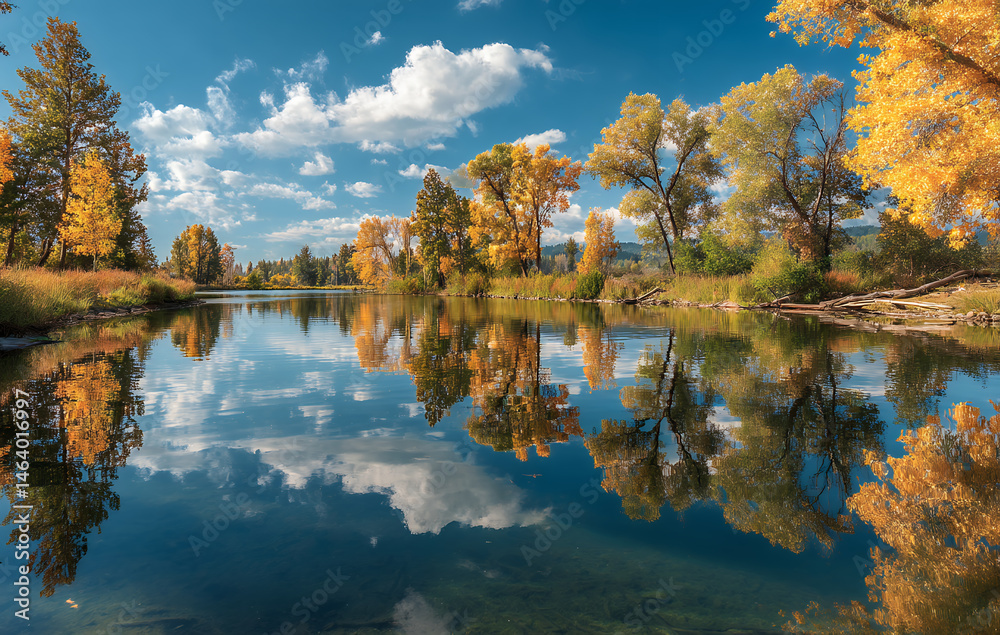 Fototapeta premium Serene lake reflecting trees and sky offers picturesque view, inspiring sense of calm and wonder in nature beauty truly tranquil scene