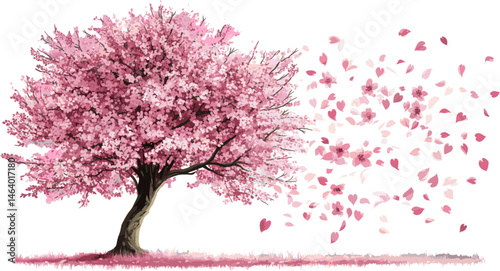 Pink cherry blossom tree with flying petals. Vector illustration for card decoration.