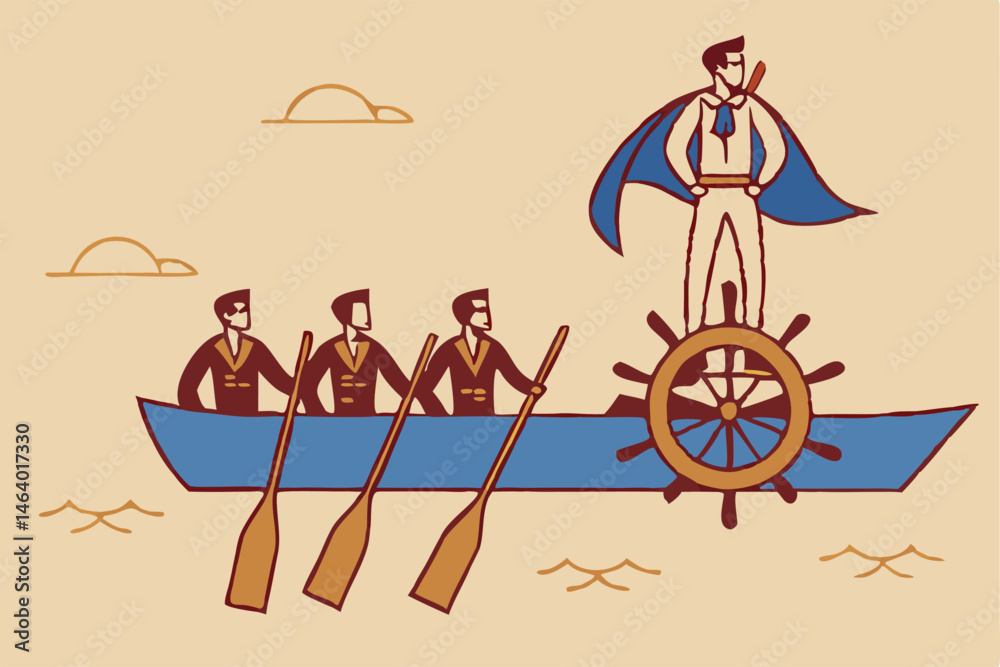 Fototapeta premium Teamwork With Leader In Boat Metaphor For Success And Business Strategy