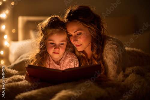 Mother reads bedtime story to daughter in cozy evening setting