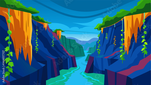 The steep rocky walls of the gorge are adorned with colorful vines and hanging moss creating a beautiful contrast against the deep blue river.
