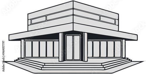 Modern commercial building illustration in minimalist black and white style 