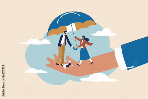 Protected Family With Dog Under Umbrella On Hand Providing Insurance Coverage