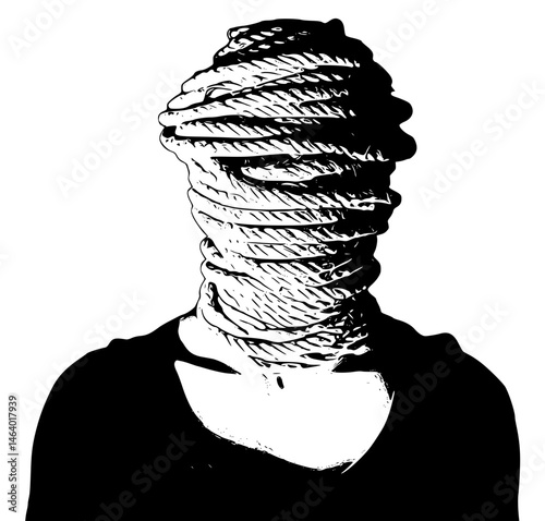 Monochromatic Illustration of a Person with a Rope-Wrapped Face

