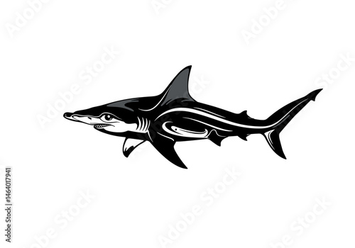 Monochrome vector illustration of a shark with tribal-style patterns and smooth graphic lines. Ideal for tattoo design, ocean-themed artwork, or stylized marine projects.