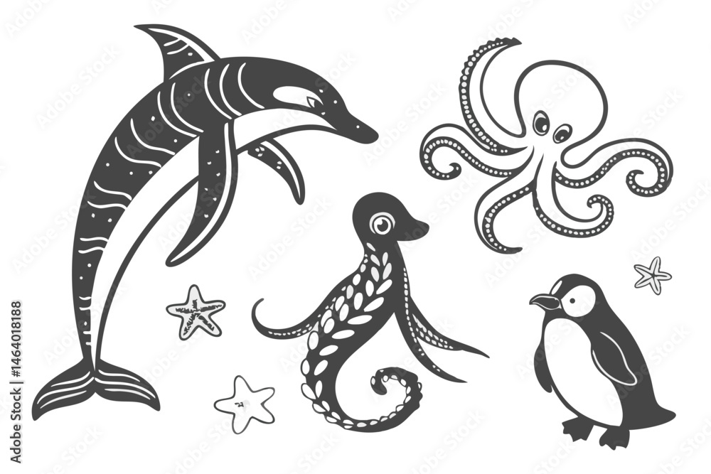 Fototapeta premium 73 Black and white illustration, marine animals, stippled texture, simple shapes, dolphin, gecko, octopus, penguins, stylized creatures, minimalist design, tribal art style, nature-inspired, tattoo-li