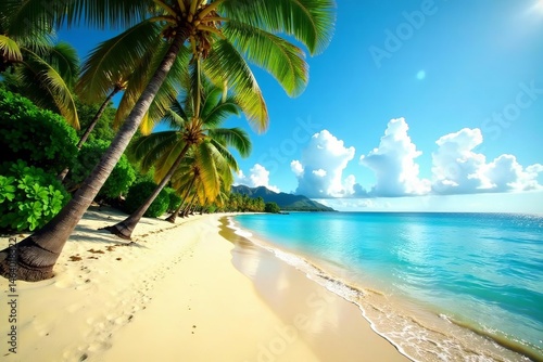 Fototapeta Naklejka Na Ścianę i Meble -  Scenic view of palm trees lining the golden sandy beach in Savusavu Fiji, Beach, Tropical
