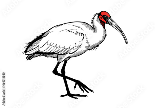 Vector illustration of a red-crowned crane with fine black linework and a bold red head. Perfect for nature themes, Asian symbolism, wildlife decor, and educational design.