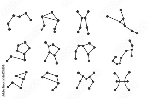 A grid of various geometric graphs or network structures, featuring different arrangements of nodes and edges. Concept Geometric Graphs, Network Structures, Node Arrangements, Edge Configurations