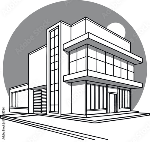Modern commercial building illustration in minimalist black and white style 