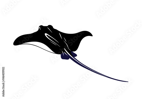Vector image of a manta ray in sleek silhouette style with black and deep blue accents. Perfect for marine themes, eco-graphics, scuba diving materials, or ocean wildlife designs.