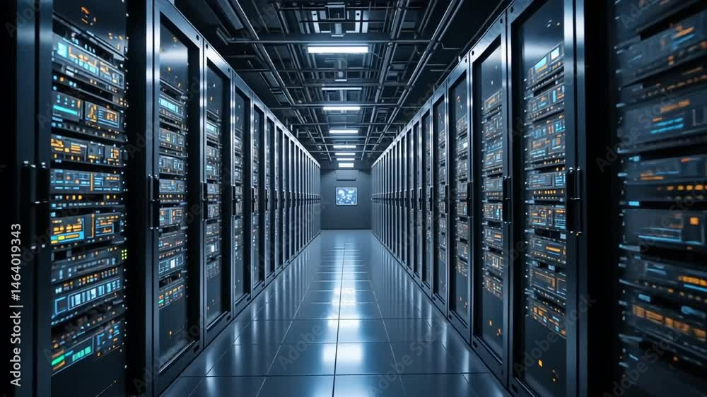 Modern Data Technology Center Server Racks in Dark Room with VFX. Modern Data Technology Center Server Racks in Dark Room with VFX.