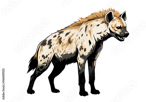 High-quality vector of a spotted hyena standing alert. Naturalistic style with accurate anatomy, fur texture, and expression. Ideal for wildlife education and design use.