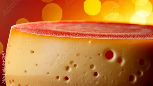 Close-up of cheese wheel rotating on red background with golden bokeh.