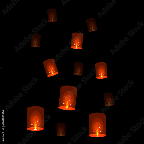 Floating Lanterns at Night in Dark Sky with Warm Glowing Lights