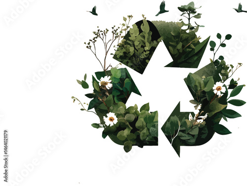 Vector Green Recycle Symbol with Foliage, Eco-Friendly Nature.