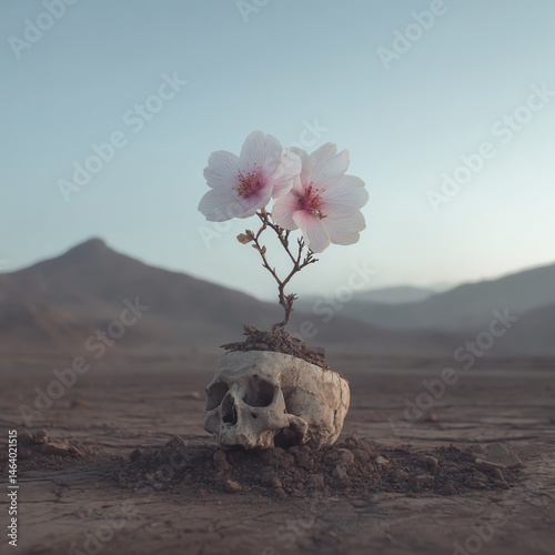 A flower growing from a skull in a barren landscape.