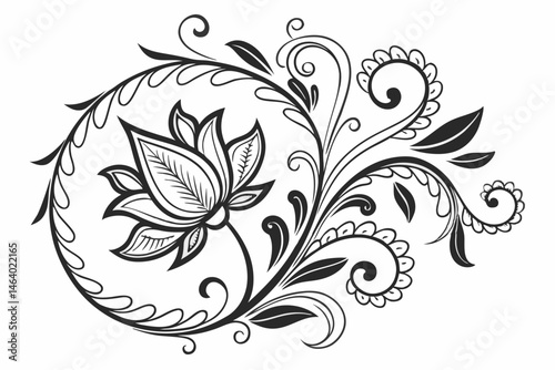 74 Intricate black and white floral design, symmetrical ornamental pattern, baroque style, ornate scrollwork, detailed line art, delicate curves, lotus-like central motif, wreath-inspired border, fili