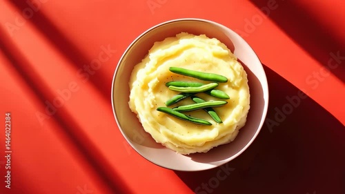 Top-down view of bowl with mashed potatoes and green beans on red background with contrast shadows.