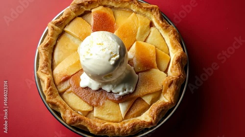 Peach tart with scoop of vanilla ice cream rotating on red background.