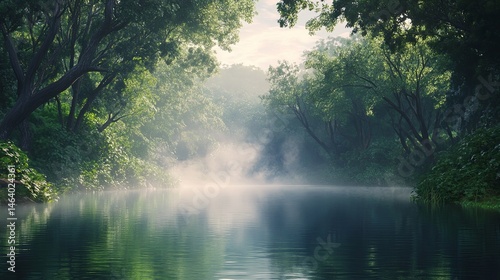 Scenic lake surrounded by trees with mist on the water.