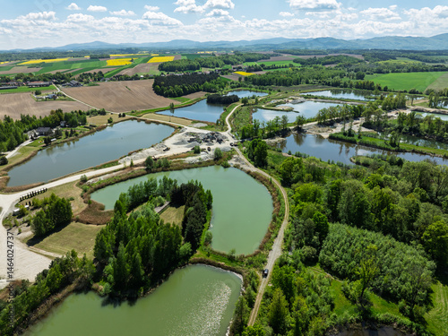 Obraz na płótnie Aerial drone view of beautiful yellow fields rapeseed.Village country farming shapes in fields. Spring fields of yellow blooming rapeseed, growing plants. Fields in the Opole village from a drone. w salonie