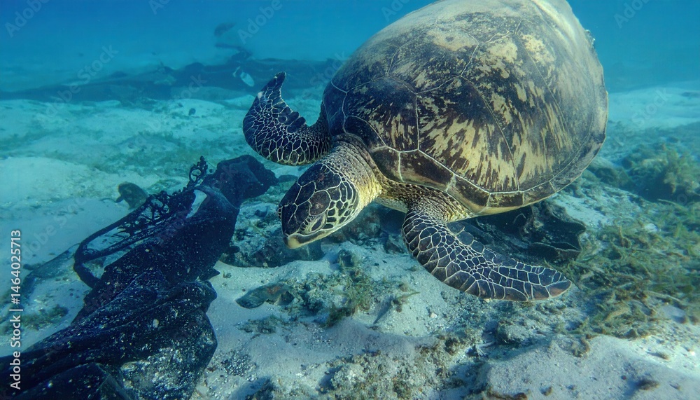 Fototapeta premium A green sea turtle gliding gracefully through the clear blue water, surrounded by ocean floor vegetation and marine debris