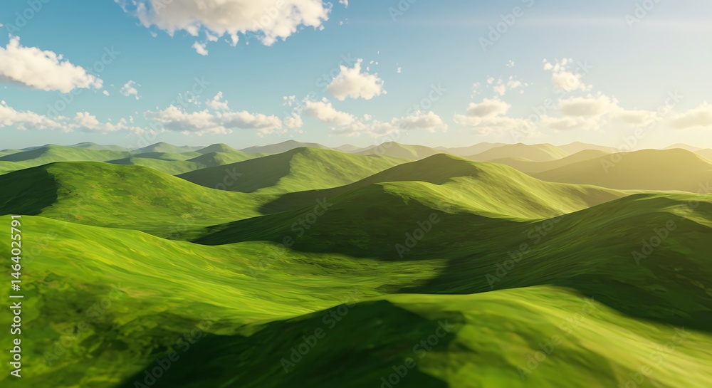 Fototapeta premium Aerial View Lush Green Rolling Hills Sunny Day