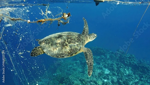 Sea turtle swimming beneath the ocean surface among marine debris and coral reef, highlighting environmental pollution issues