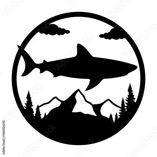 Black silhouette shark over mountainous landscape circular design with clouds and trees