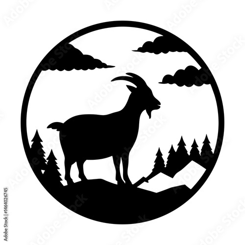 Silhouette of a goat surrounded by mountainous landscape in a circular frame
