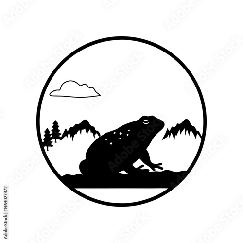 Vector illustration of a frog in a nature scene with mountains and trees