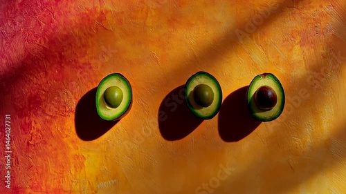 Three avocado halves on textured yellow-red background with moving shadows.