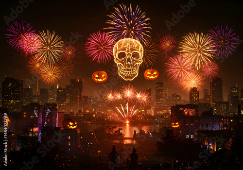 Spectacular Halloween Fireworks Display over City Skyline transparent background