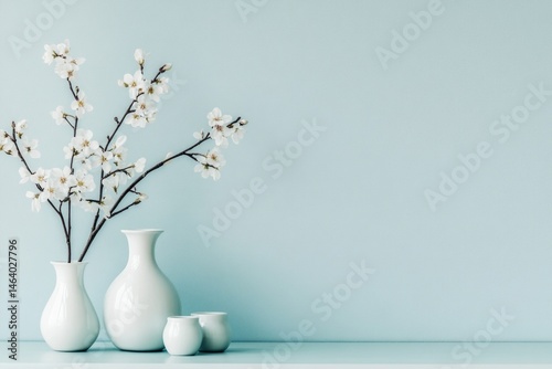 Wallpaper Mural White Flowers In White Vases Against Light Blue Background Torontodigital.ca