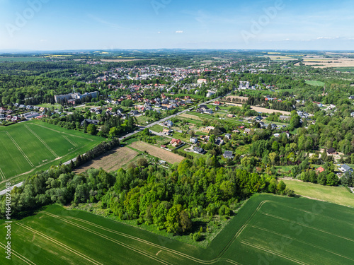 Obraz na płótnie Aerial drone view of beautiful yellow fields rapeseed.Village country farming shapes in fields. Spring fields of yellow blooming rapeseed, growing plants. Fields in the Opole village from a drone. w salonie